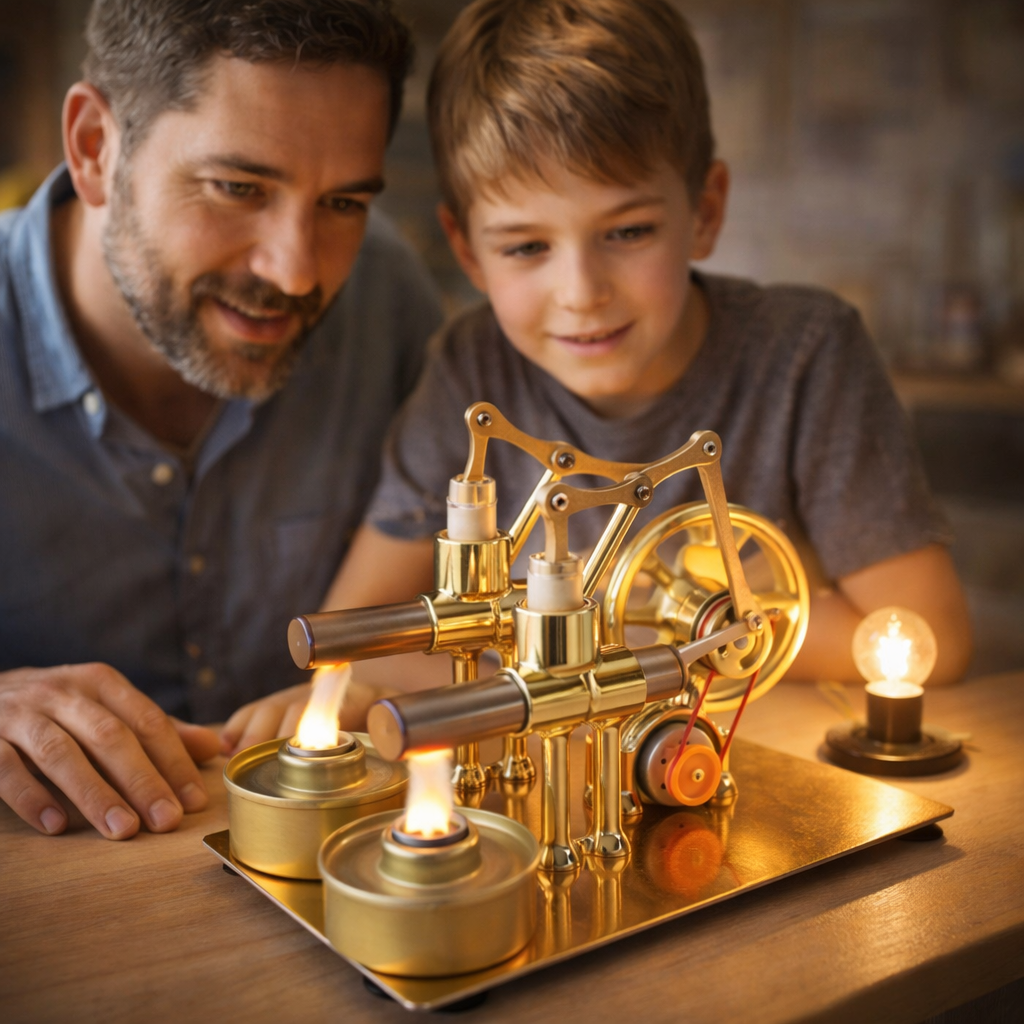 Dual-Cylinder Stirling Engine Generator – Heat-Powered Mechanical Model with Bulb