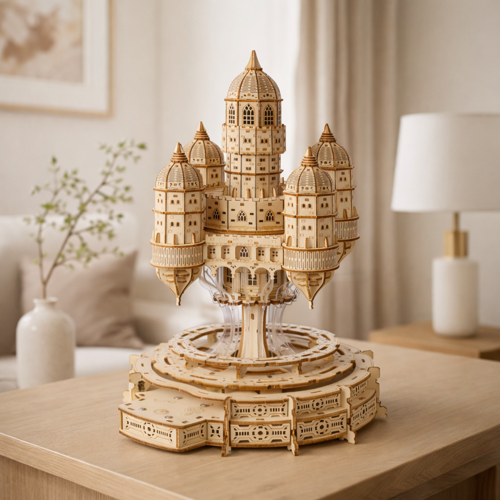 Rotating Castle Music Box — 3D Wooden Puzzle with LED & Melody