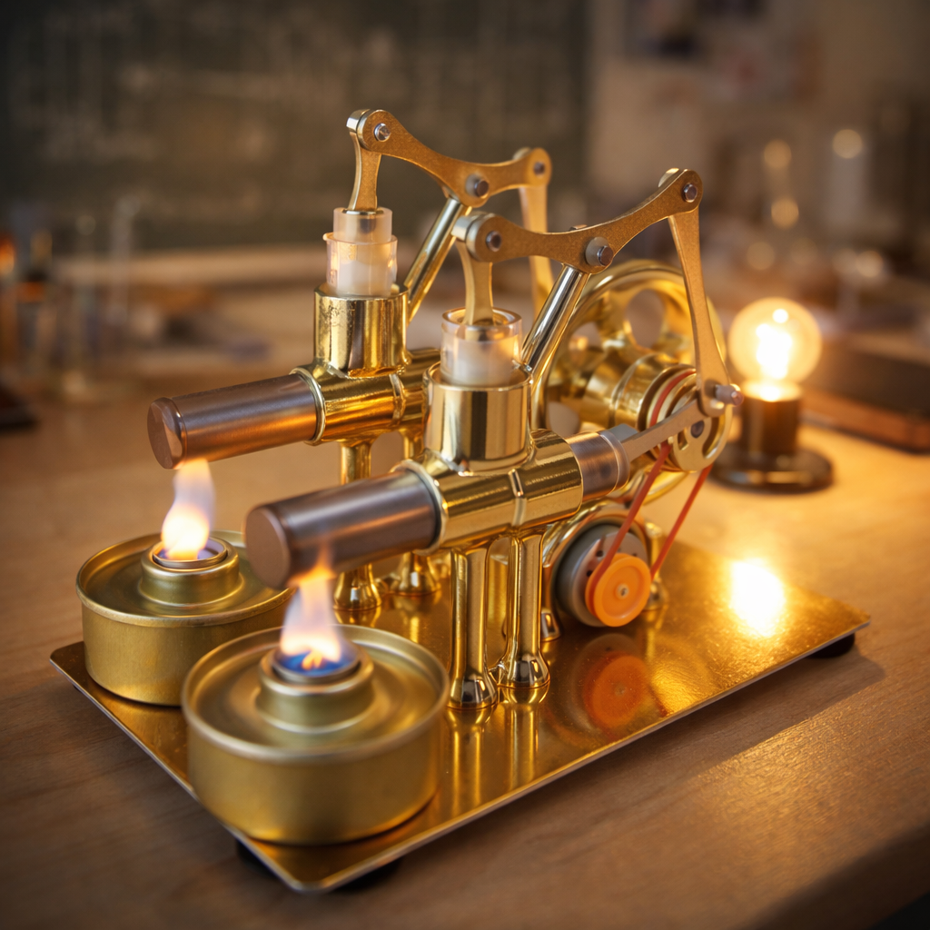 Dual-Cylinder Stirling Engine Generator – Heat-Powered Mechanical Model with Bulb
