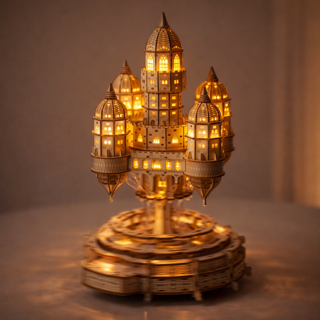 Rotating Castle Music Box — 3D Wooden Puzzle with LED & Melody