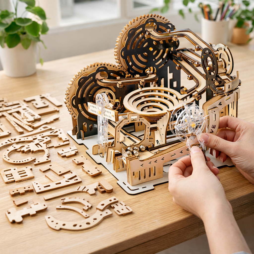 Electric Catapult Marble Run – Motorized 3D Wooden Kinetic Puzzle