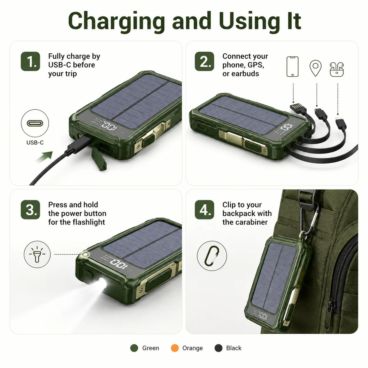 10000mAh Solar Power Bank – Waterproof Portable Charger with LED Torch, Compass & Carabiner