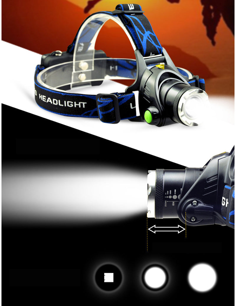 Zoomable LED Head Torch – Rechargeable Waterproof Headlamp with 18650 Batteries