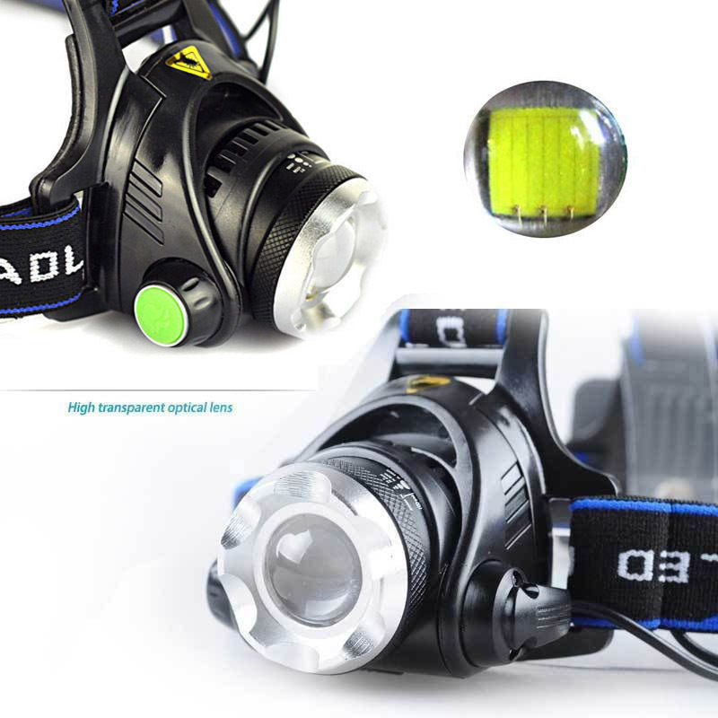 Zoomable LED Head Torch – Rechargeable Waterproof Headlamp with 18650 Batteries
