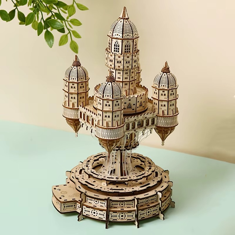 Rotating Castle Music Box — 3D Wooden Puzzle with LED & Melody