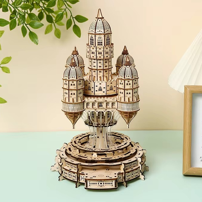 Rotating Castle Music Box — 3D Wooden Puzzle with LED & Melody