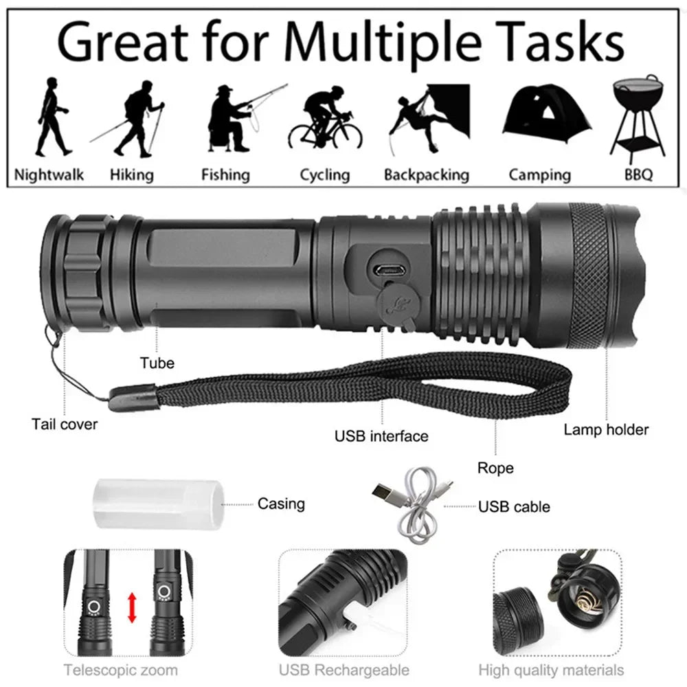 Rechargeable Torch – XHP70.2 Tactical Zoom LED Flashlight