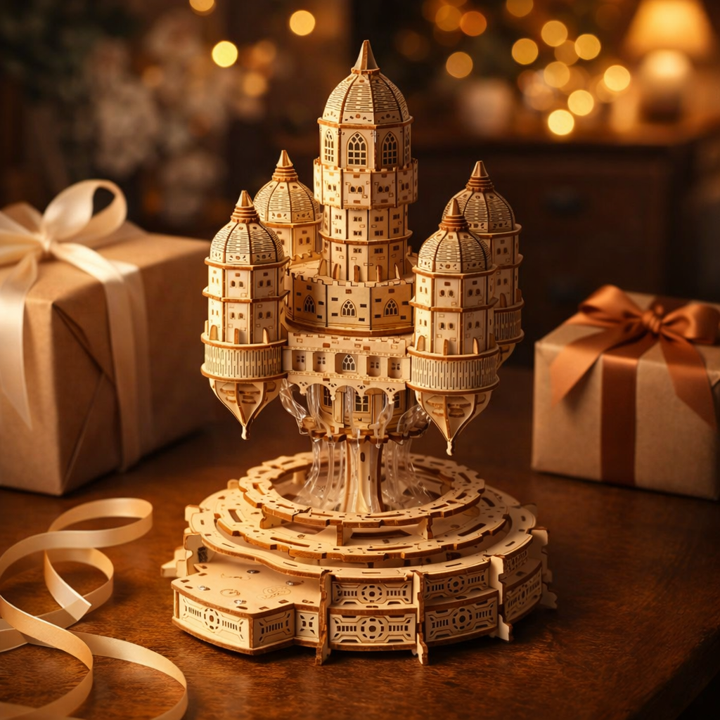 Rotating Castle Music Box — 3D Wooden Puzzle with LED & Melody