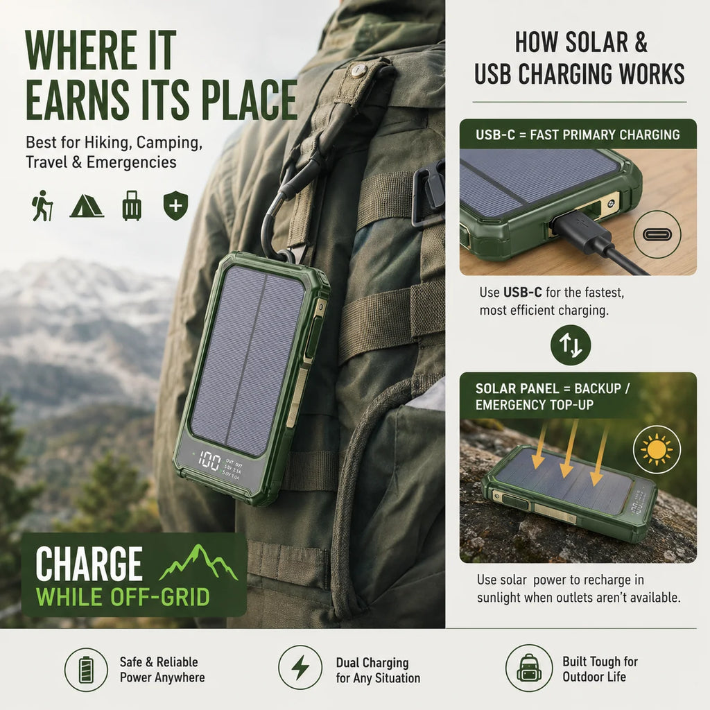 10000mAh Solar Power Bank – Waterproof Portable Charger with LED Torch, Compass & Carabiner