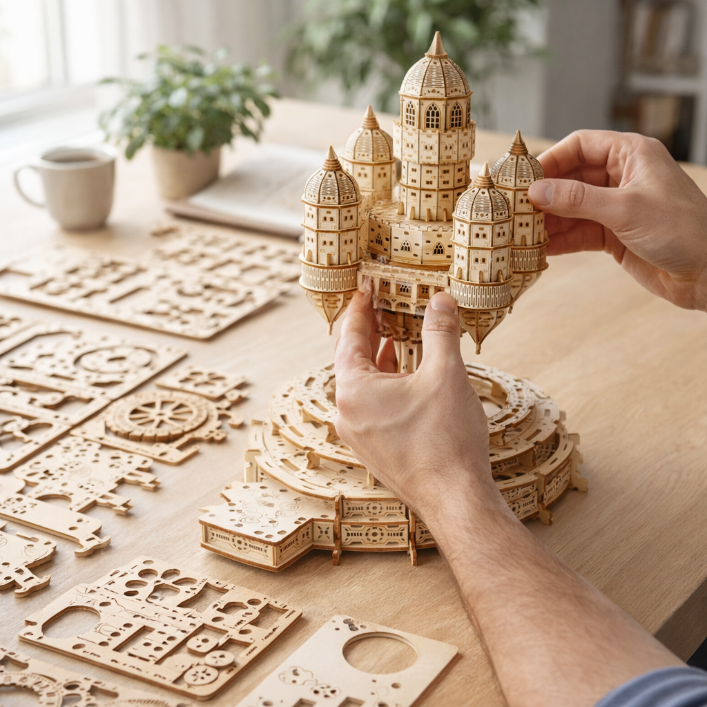 Rotating Castle Music Box — 3D Wooden Puzzle with LED & Melody