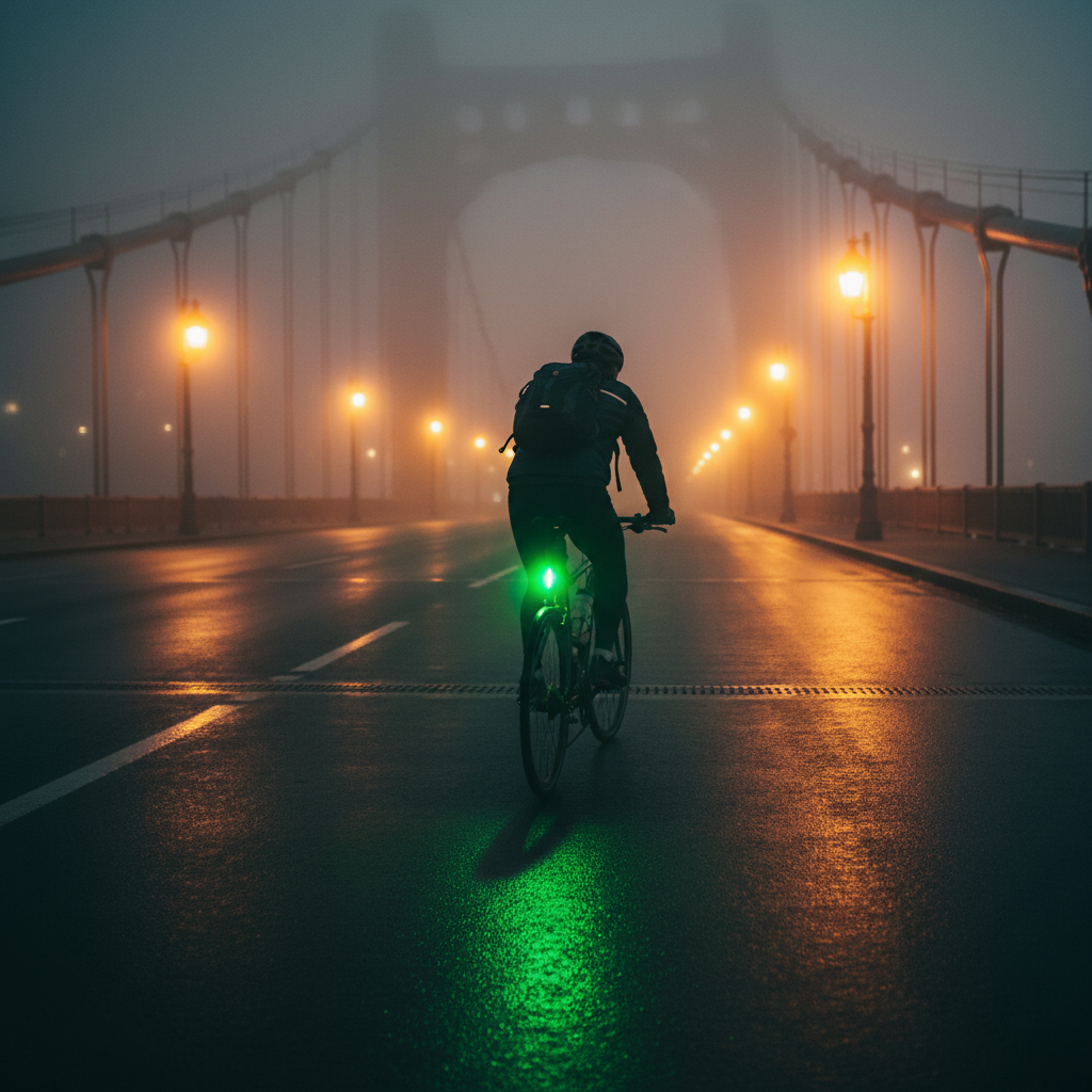 Commuter on misty bridge - green LED glow