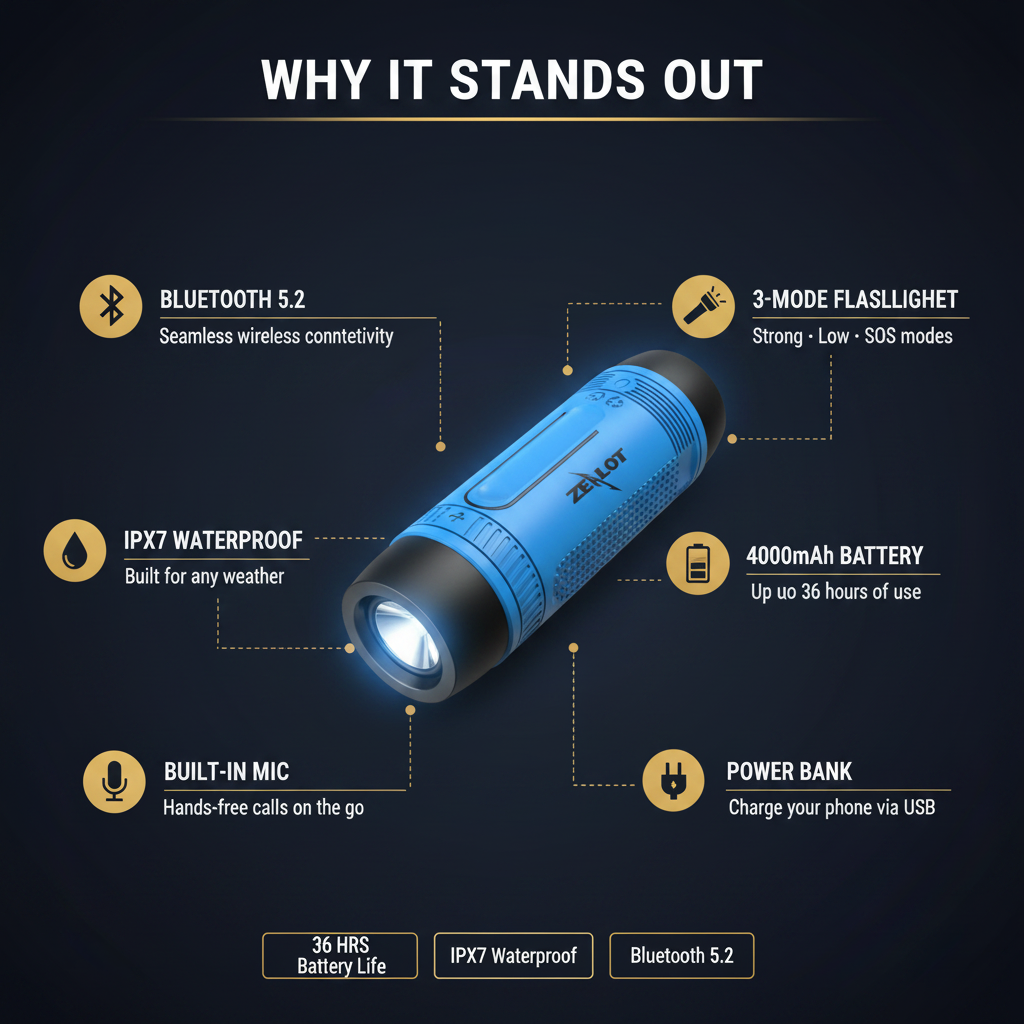 Dark navy + gold infographic with 6 feature callouts
