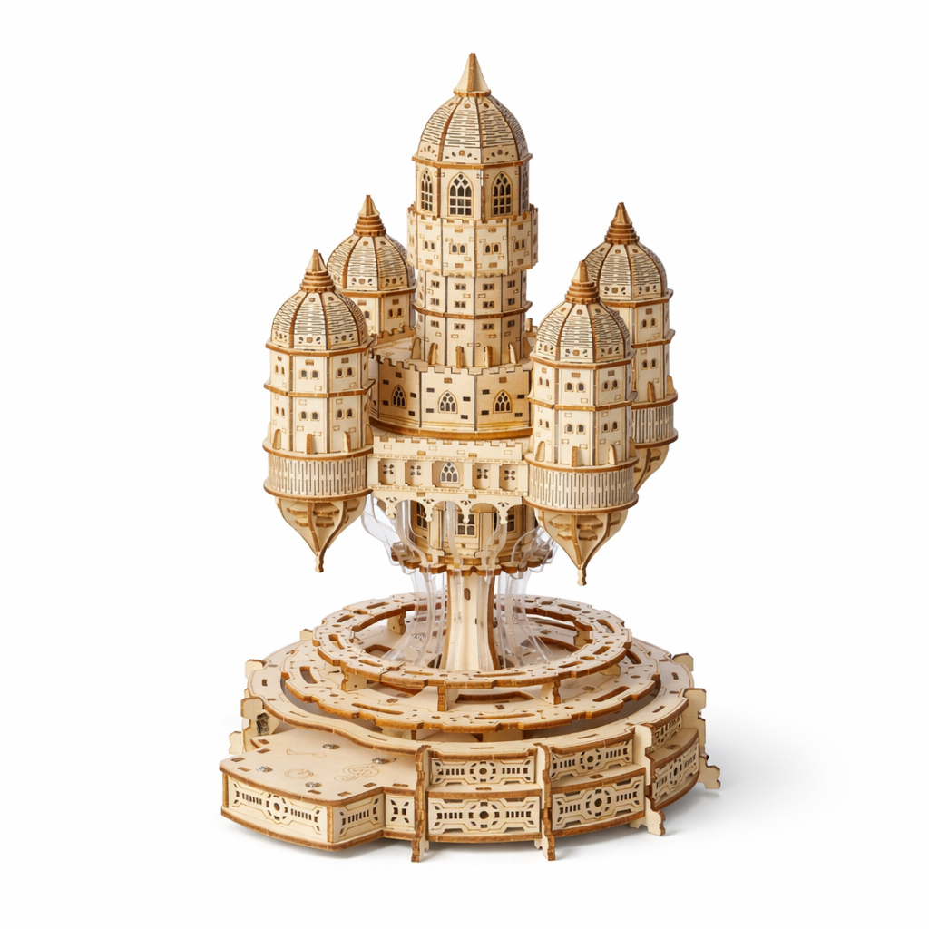 Rotating Castle Music Box — 3D Wooden Puzzle with LED & Melody