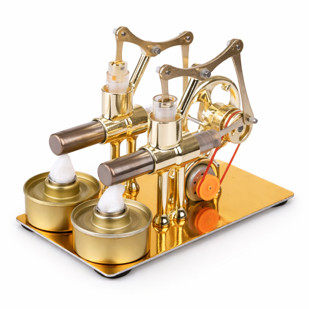 Dual-Cylinder Stirling Engine Generator – Heat-Powered Mechanical Model with Bulb