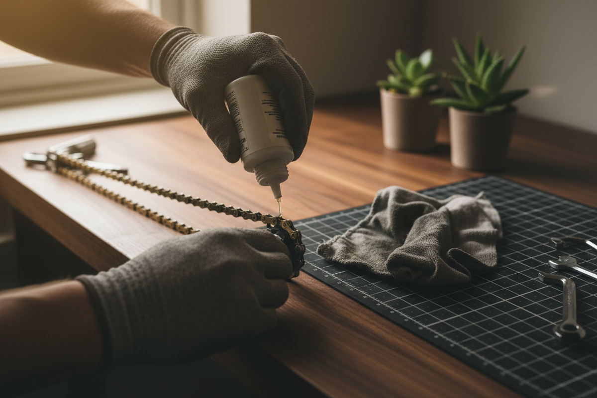 Hands carefully servicing a bicycle chain on a warm wooden workbench