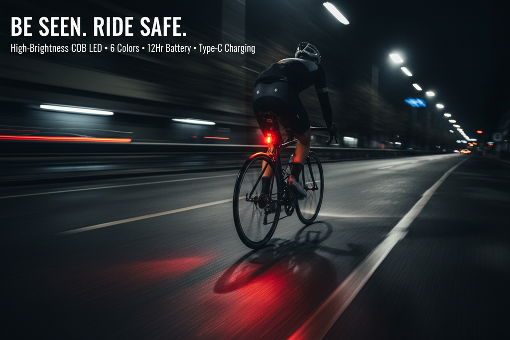 Night road cyclist with red LED glow