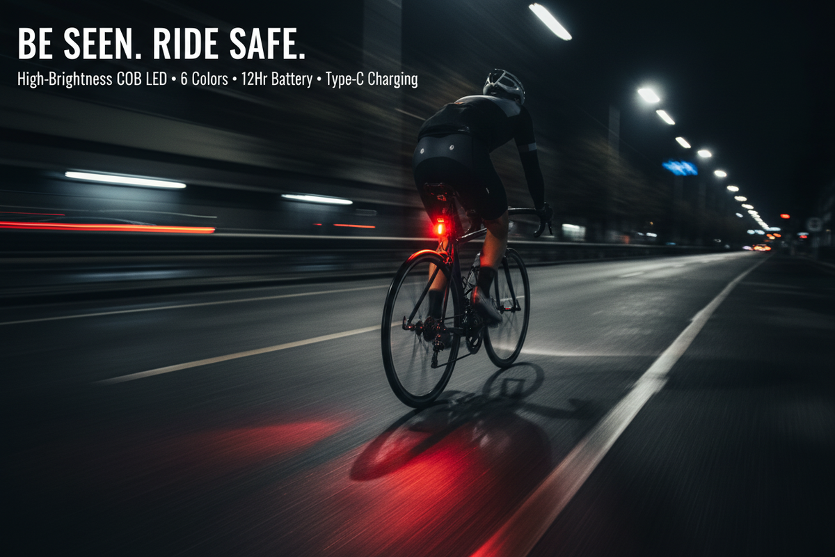 Night road cyclist with red LED glow