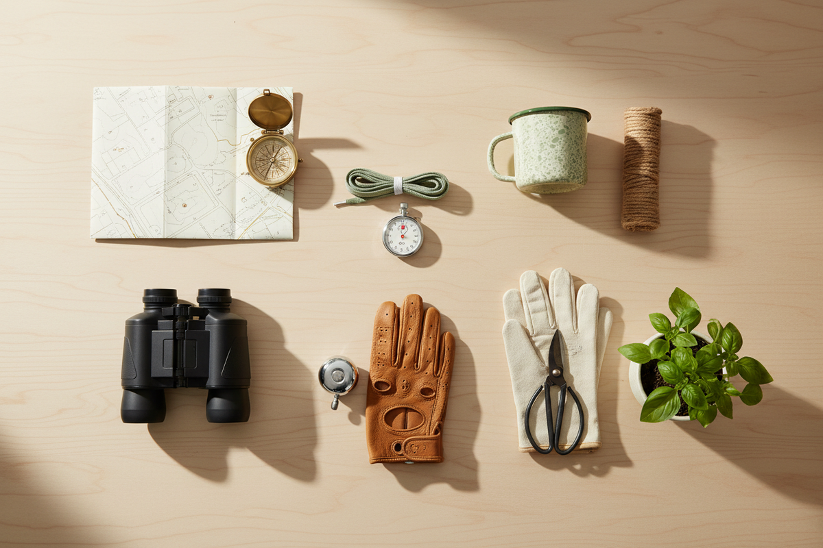Overhead flat lay of hiking, hunting, camping, running, cycling, and gardening items