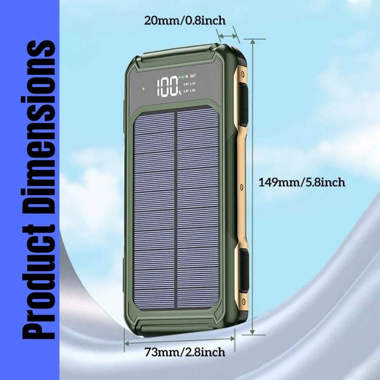10000mAh Solar Power Bank – Waterproof Portable Charger with LED Torch, Compass & Carabiner