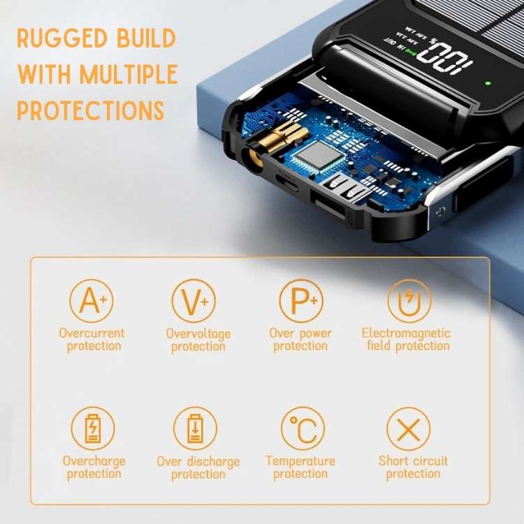 10000mAh Solar Power Bank – Waterproof Portable Charger with LED Torch, Compass & Carabiner