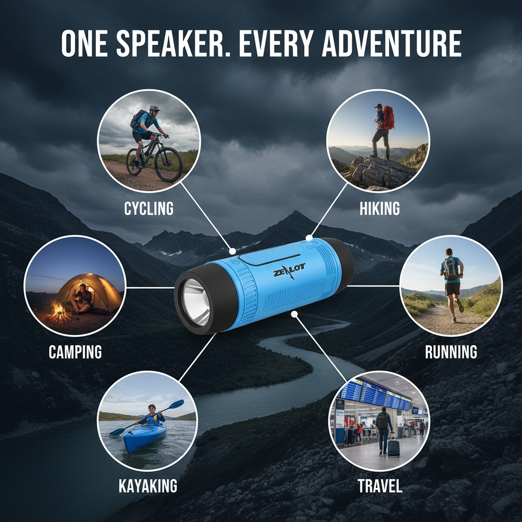 Product centered with 6 activity circles — "ONE SPEAKER. EVERY ADVENTURE."