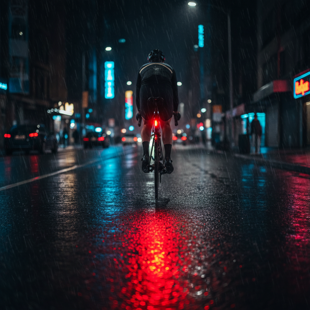 Road cyclist on wet city street - red LED glow